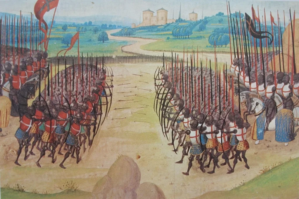 The Battle of Agincourt, 15th-century miniature, Enguerrand de Monstrelet, Public Domain